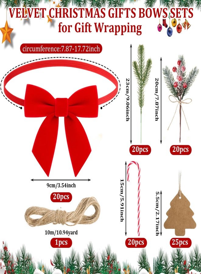 Suncalla 106 Pcs Christmas Velvet Bows Set for Gift Wrapping Elastic Bows for Gift Boxes Stretch Loops with Snow Frosted Berry Pine Picks Candy Cane Tags for Xmas Wrapping Party Favors(Red) - Image 2